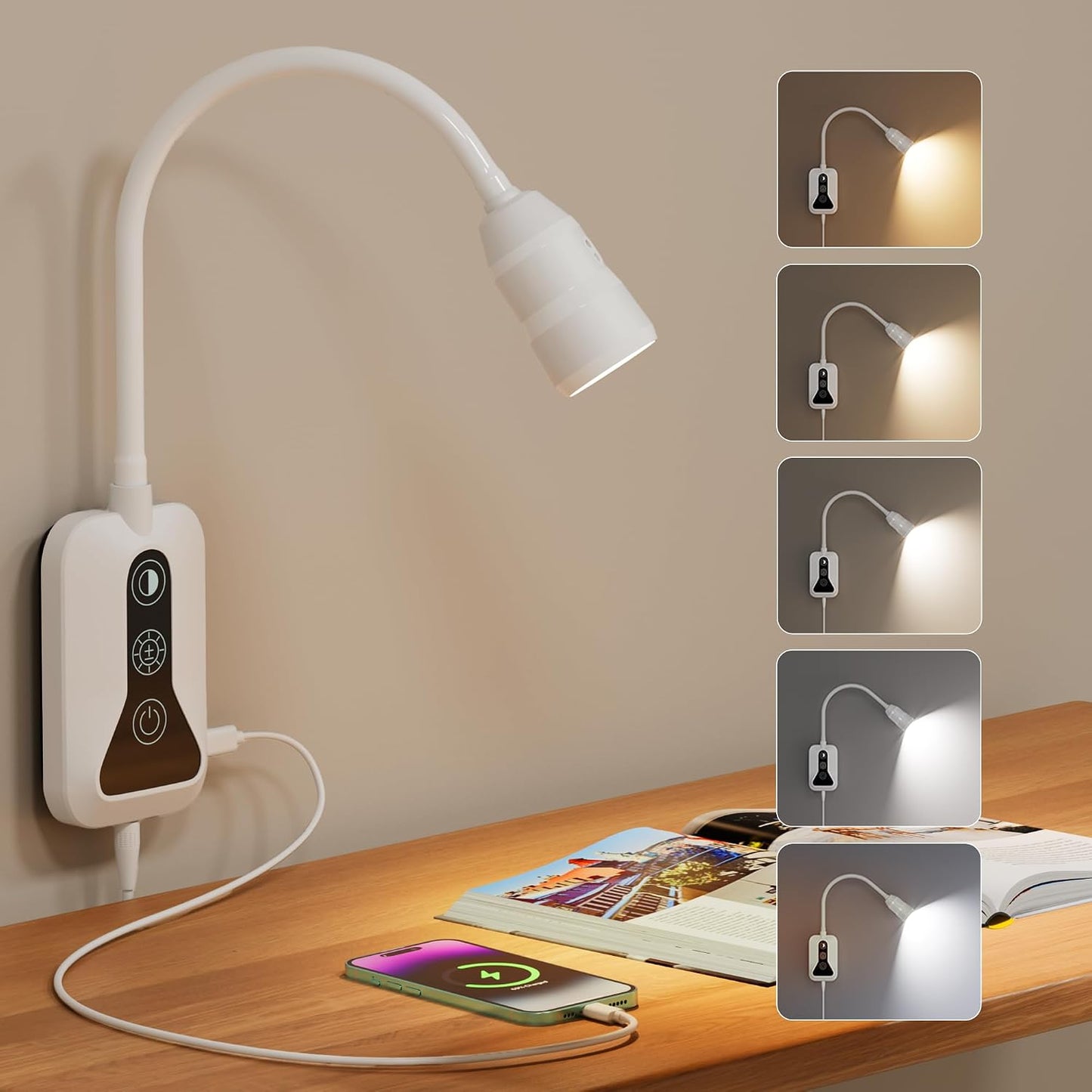 Wall Mounted Reading Light for Bed, Headboard Light with 360° Flexible Arm, Hand Wave Sensor, Focused 60° Beam, 5 Color Temperatures, Stepless Dimming, Memory Function, USB-C Output, Black 1 Pack