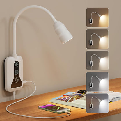 Wall Mounted Reading Light for Bed, Headboard Light with 360° Flexible Arm, Hand Wave Sensor, Focused 60° Beam, 5 Color Temperatures, Stepless Dimming, Memory Function, USB-C Output, Black 1 Pack