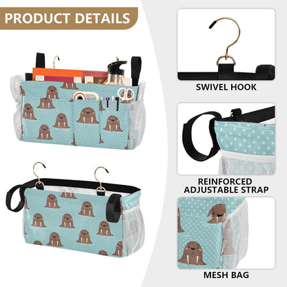 Walrus Blue Print Bedside Caddy Storage Bag Bedside Organizer for Bed Rails College Dorm Room Organizer Caddy Hanging Shelf 6 Pockets with Hooks for Glasses Book Tablet Holder