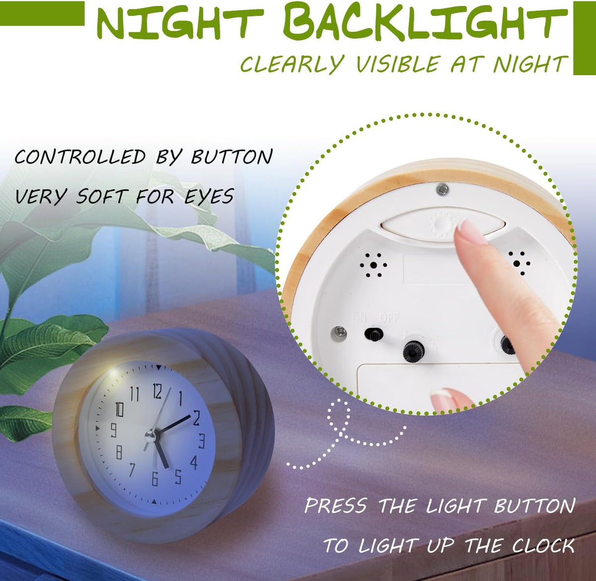 Wooden Analog Alarm Clock Silent Non-Ticking Desk Clock Battery Operated Table Clock with Nightlight for Bedroom,Children's Room, Living Room,Natural(4Inch)