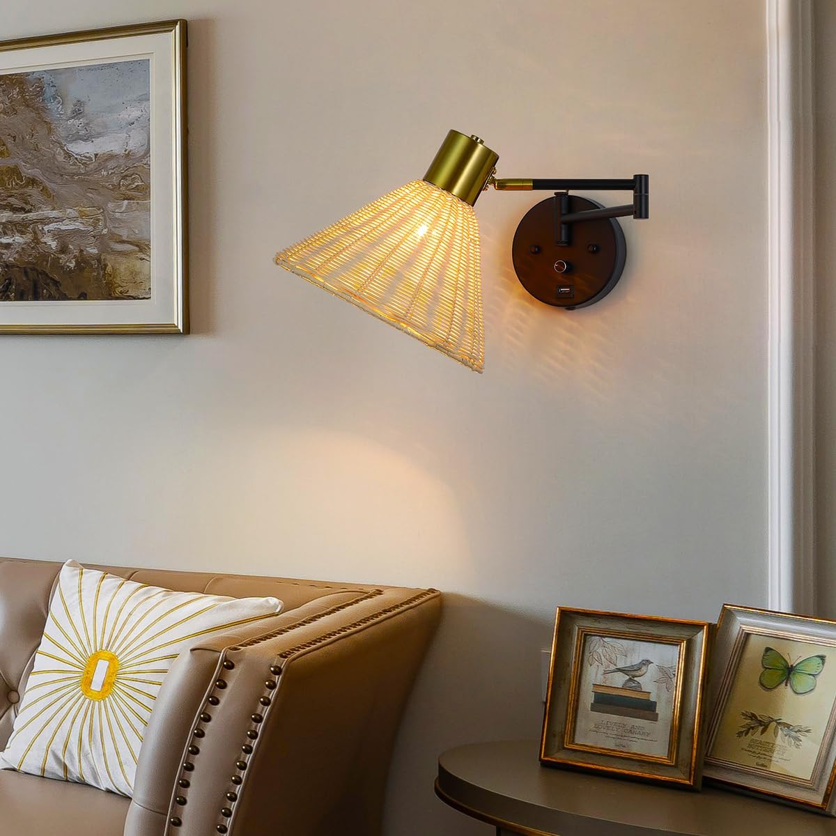 Wall Mounted Lamp Plug in Wall Sconce with Dimmable Switch Swing Arm Wall Lamp Whire Fabric Shade with USB Port Gold Wall Sconce Suitable for Hallway Bedroom Living Room…