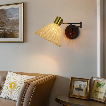 Wall Mounted Lamp Plug in Wall Sconce with Dimmable Switch Swing Arm Wall Lamp Whire Fabric Shade with USB Port Gold Wall Sconce Suitable for Hallway Bedroom Living Room…