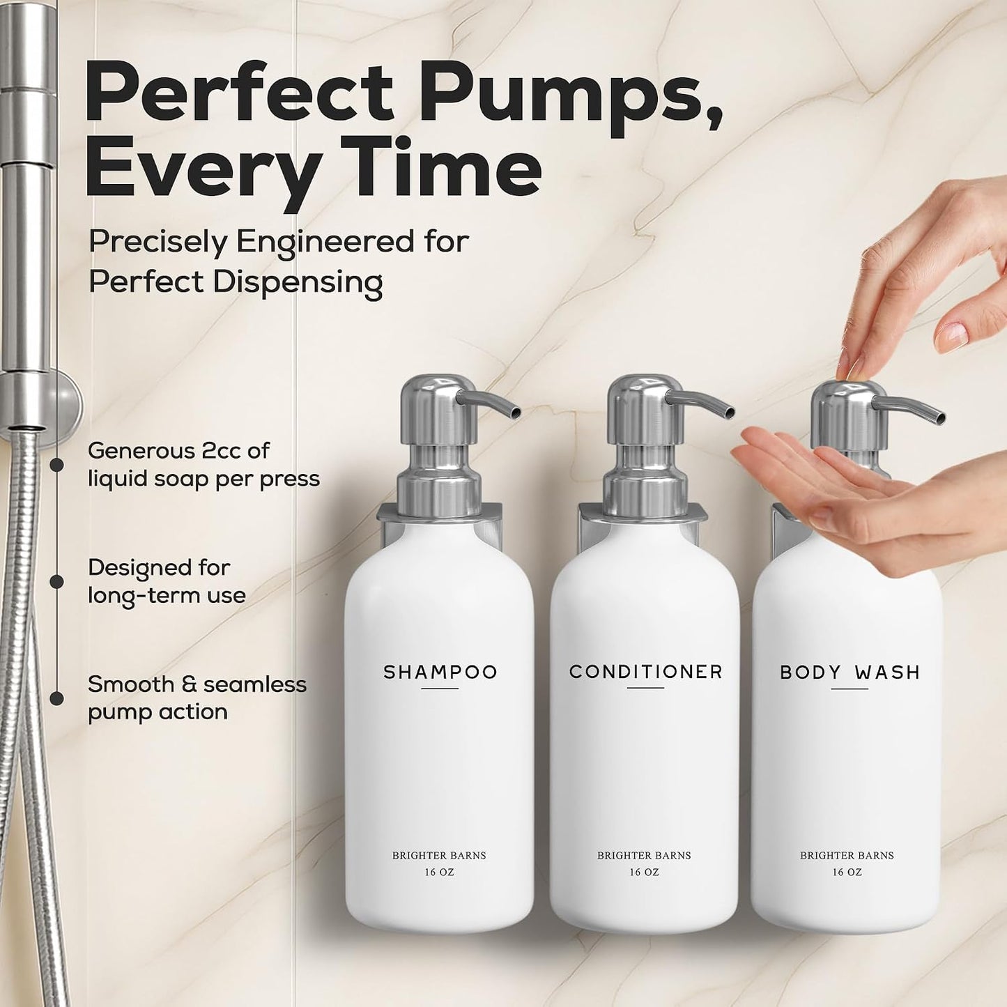 White Shampoo and Conditioner Dispenser Set Wall Mounted by Brighter Barns - Shower Dispenser 3 Chamber No Drill - Refillable Shampoo and Conditioner Bottles for Shower Wall in Airbnb, Hotel (White)