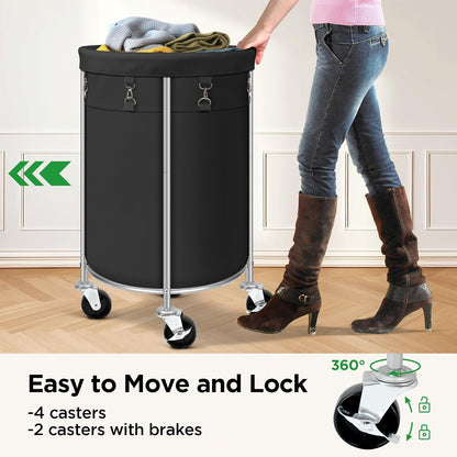 100L Round Rolling Laundry Hamper Basket with Wheels, Grey | Laundry Sorter Cart with Removable Bag, Clothes Organizer, Metal Frame, Bedroom, Bathroom, Laundry Room, Dorm Use
