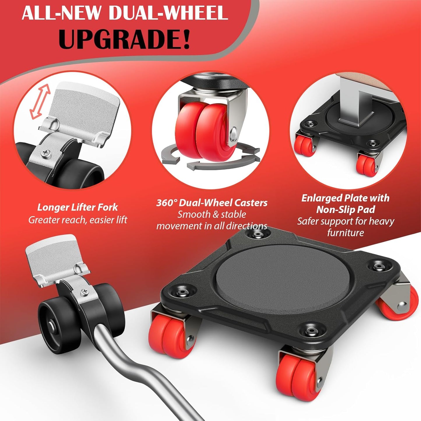 Heavy Duty Furniture Movers with 5-Wheel Dollies, Furniture Dolly Set with Lifter & Base, 360° Swivel Casters, Non-Slip Pads, Up to 2000 lbs Load Capacity