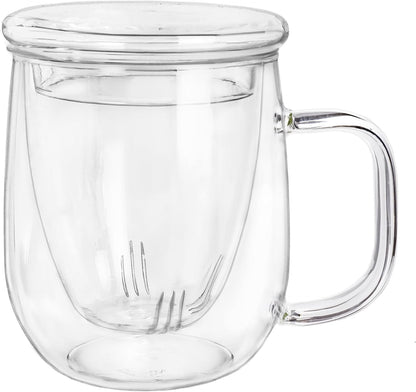 Creano Tea Glass with Infuser and Lid 400ml - Large Tea Cup - Microwave & Dishwasher Safe - Loose Leaf Tea Maker Gift Set
