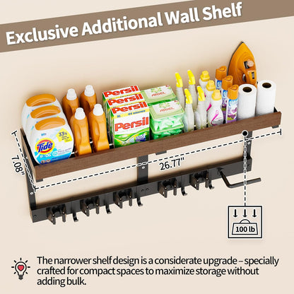 Broom and Mop Organizer Wall Hanging, Broom Hanger Holder Wall Mount | 3-in-1 Mop and Broom Holder Wall Mount with Storage Shelf & Vacuum Organizer,5 Racks,5 Hooks for Garage,Kitchen,Laundry Room