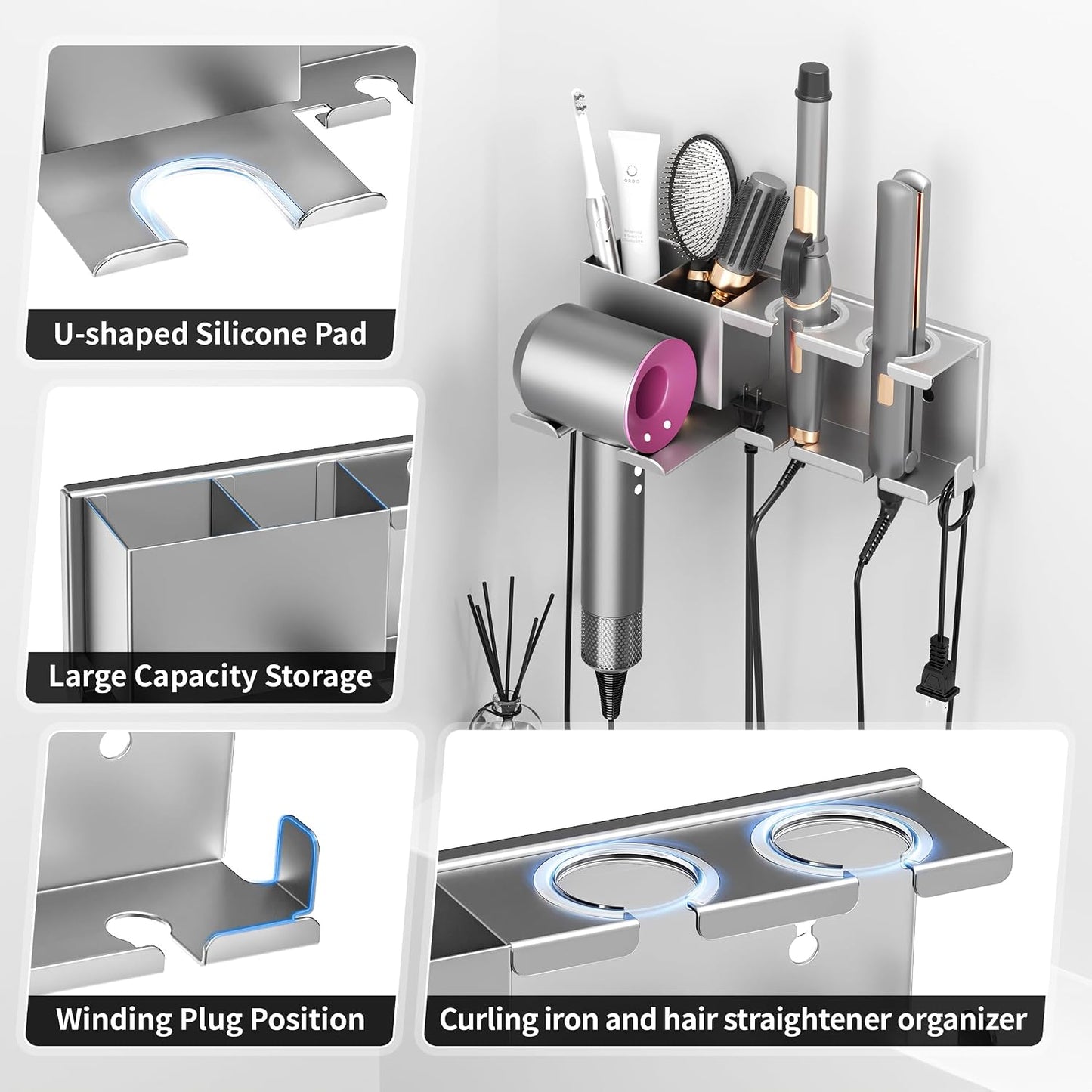 Hair Dryer Holder, Hair Tool Organizer Wall Mount, Adhesive or Drill, White | Blow Dryer Holder for Dryer Hook, Straightener Curling Irons Hairdryer Hair Appliance Hanger for Salon Bathroom Wall Storage