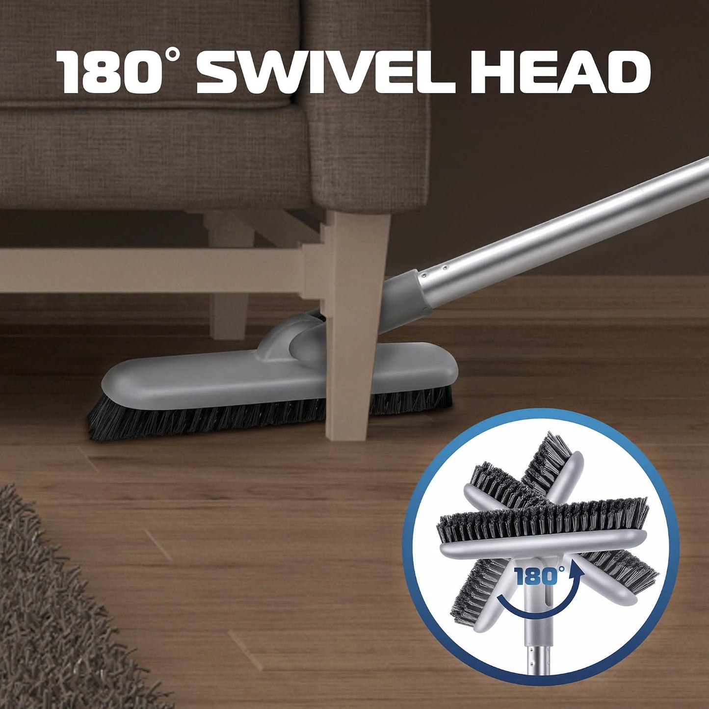 Grout Scrub Brush with Long Handle, 50'' Tile Grout Scrubber, V-Shape Crevice Cleaning Brush for Hard to Reach Areas, 180° Rotation Grout Cleaner for Tile Floors, Baseboards and Corners
