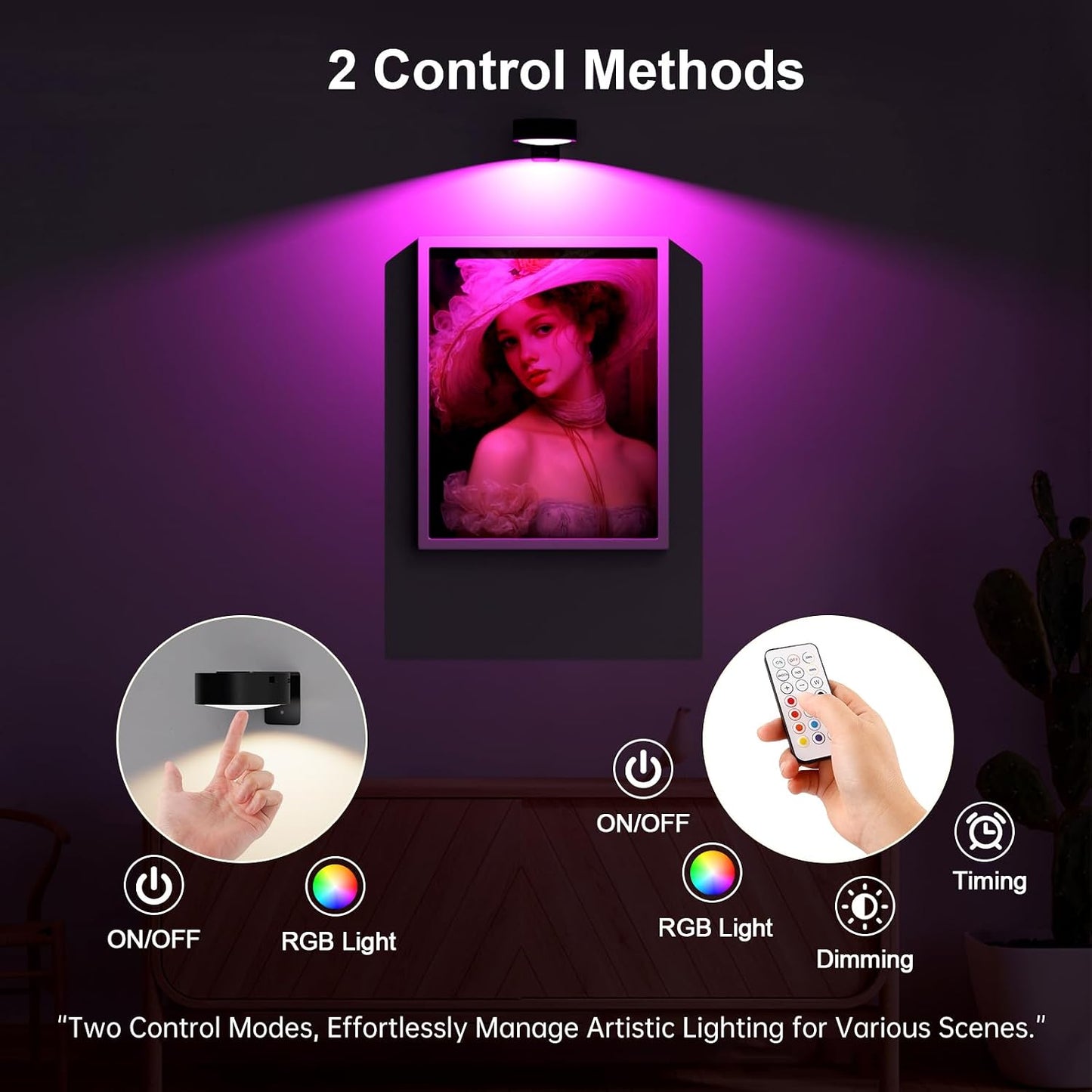 3 Pack Picture Lights for Wall, Rechargeable Battery Operated wall lights, Picture Frame lights with 3 Lighting Modes, Wireless Magnetic Painting Light with Remote Control Timer (White, 3 Pack)