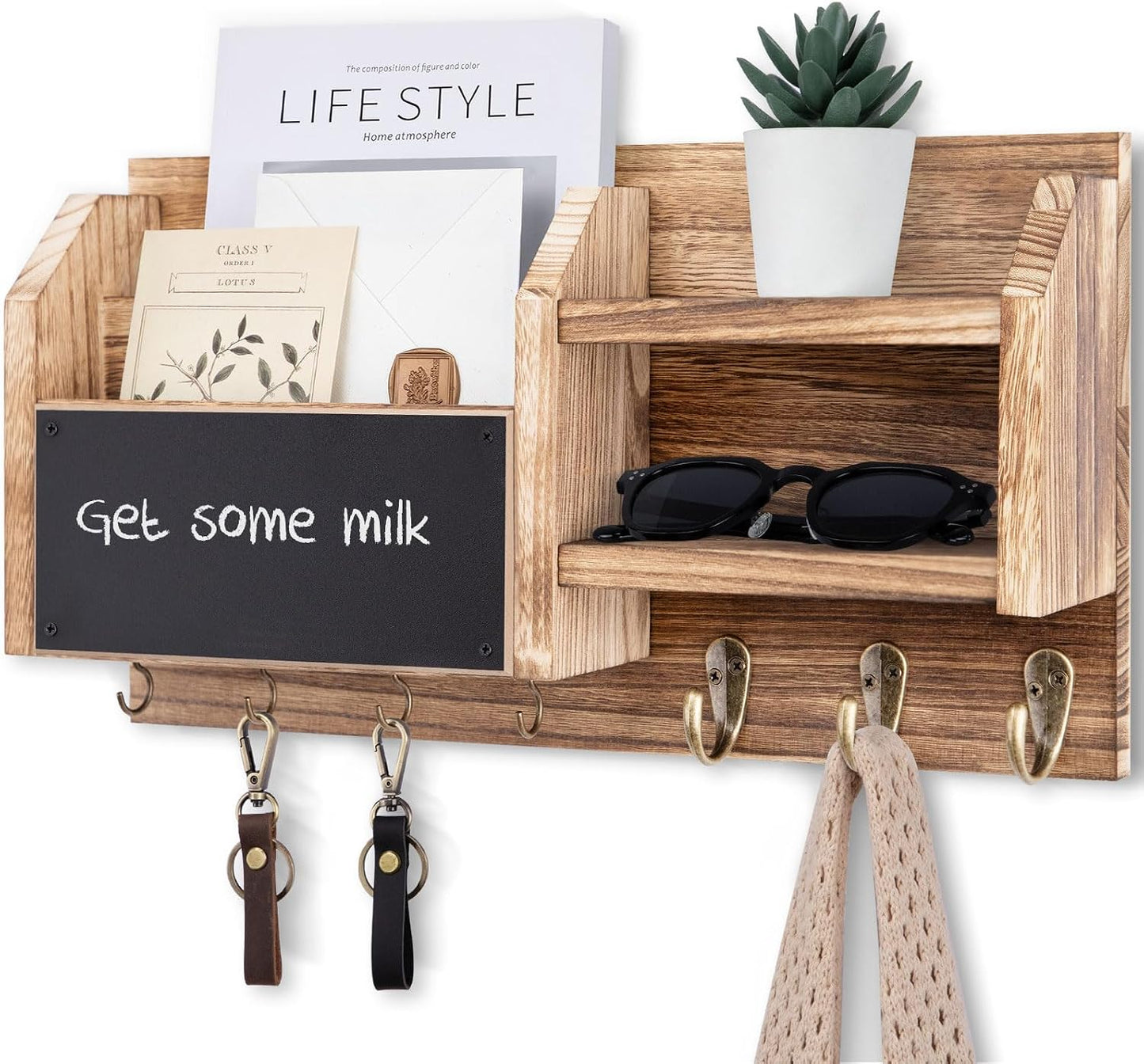 Lwenki Mail and Key Holder – Wall Mount Key Hanger with Shelf and 7 Metal Hooks – Decorative Natural Paulownia Wood Entryway Organizer with Mounting Hardware (16.5”W x 8.7”H x 3.5”D) (Brown)