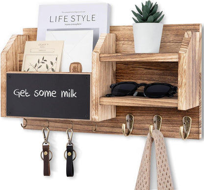 Lwenki Mail and Key Holder – Wall Mount Key Hanger with Shelf and 7 Metal Hooks – Decorative Natural Paulownia Wood Entryway Organizer with Mounting Hardware (16.5”W x 8.7”H x 3.5”D) (Brown)