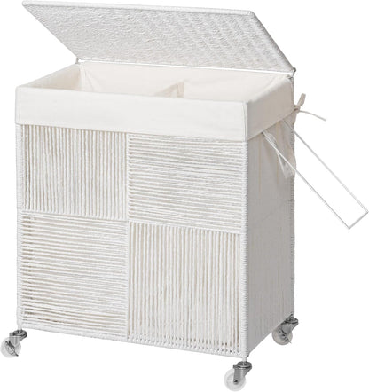WOWLIVE Double Laundry Hamper with Wheels, Handwoven Rolling Laundry Basket | 115L Dirty Clothes Hamper with Lid, Removable Liner Bag, Large Capacity Laundry Sorter Laundry Room Organization, Green