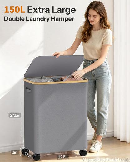 Double Laundry Basket with Wheels and Lid, 150L Clothes Hampers for Laundry | Large Laundry Hamper with 2 Sections & Removable Liner Bags, Rolling Dirty Clothes Basket for Bedroom Bathroom Dorm College