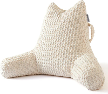 Standard Reading Pillow for Bed Sitting Up, Backrest Pillow with Shredded Memory Foam Filling, Back Support Cushion, Bed Rest Pillow with Arms, Pockets and Washable Cover-Grey