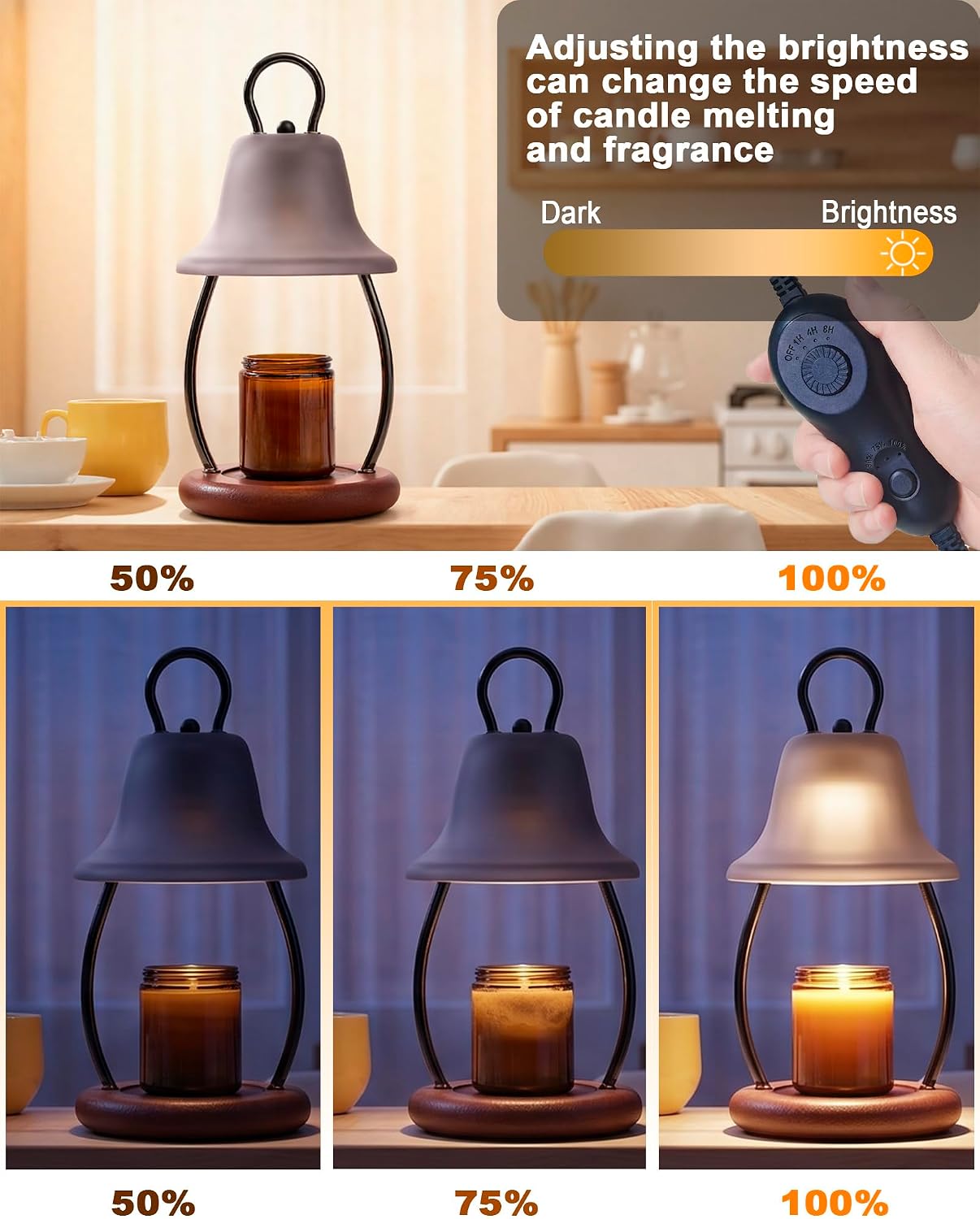 Candle Warmer Lamp with Timer, Dimmable, Adjustable Height, Black | 2 bulbs included, no flame needed, 1-year warranty, farmhouse or modern decor, for bedroom, kitchen, living room, gifting