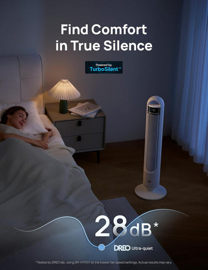 DREO Tower Fan for Bedroom, 26ft/s Velocity, 90° Oscillating, 8H Timer | 4 Speeds, 3 Modes, 28dB Quiet Standing Fan, Floor Fan for Room, Living Room, Office, Home, Cooling Fan with Remote, Black