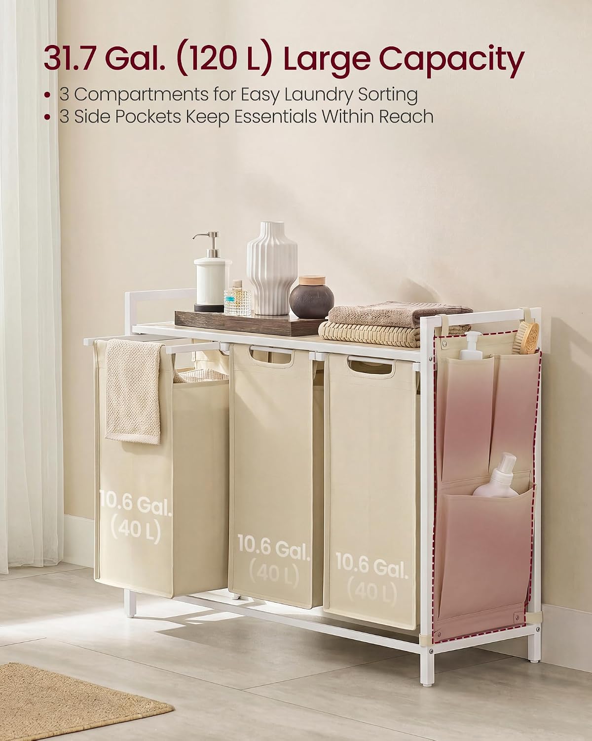 VASAGLE Laundry Hamper, Laundry Basket Sorter with 3 Pull-Out and Removable Bags, Shelf, Metal Frame, 3 x 10.6 Gallons (40 L), 36.4 x 13 x 28.4 Inches, Cappuccino Beige and Natural Beige UBLH301LH01