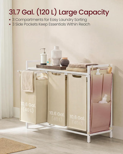 VASAGLE Laundry Hamper, Laundry Basket Sorter with 3 Pull-Out and Removable Bags, Shelf, Metal Frame, 3 x 10.6 Gallons (40 L), 36.4 x 13 x 28.4 Inches, Cappuccino Beige and Natural Beige UBLH301LH01