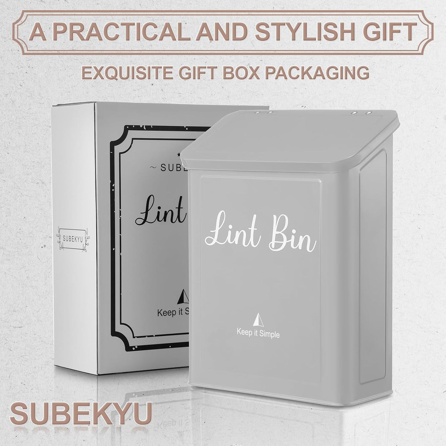 SUBEKYU Magnetic Lint Bin for Laundry Room Organization and Storage,White | Wall Mounted Metal Lint Box Holder Trash Can with Lid for Dryer,Lint Basket for Laundry Room Decor