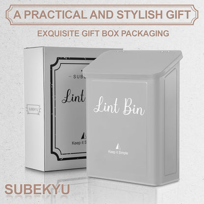 SUBEKYU Magnetic Lint Bin for Laundry Room Organization and Storage,White | Wall Mounted Metal Lint Box Holder Trash Can with Lid for Dryer,Lint Basket for Laundry Room Decor