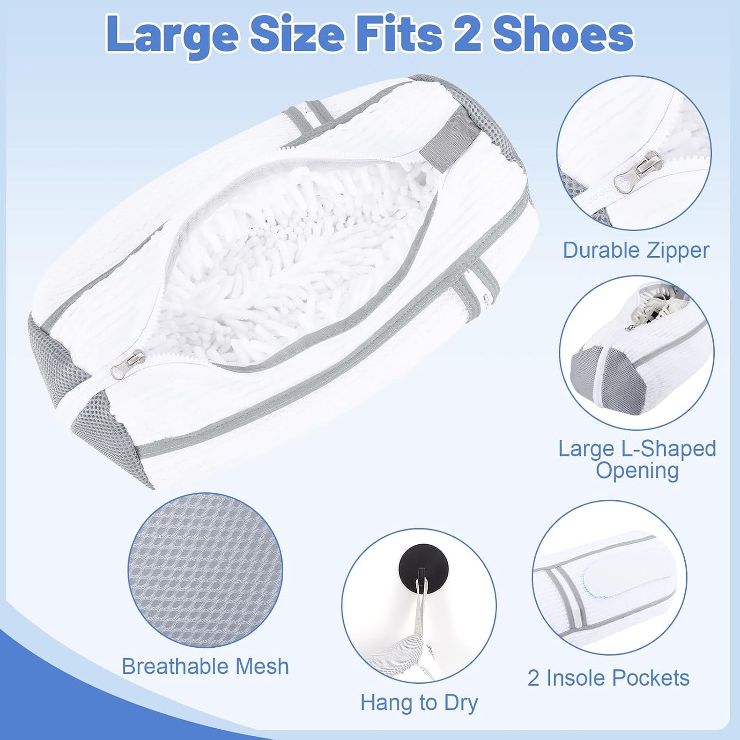2 PCS Shoe Washing Machine Bags Laundry Shoe Bag for Washer and Dryer | Large L-Shaped Opening, Insole Mesh Pockets, Hidden Self-locking Zipper, 360° Deep Cleaning, For Sneakers and All Shoes Types