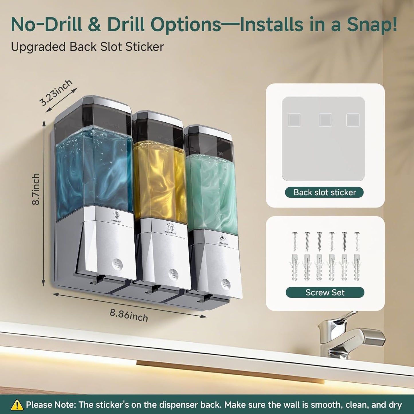 Shampoo and Conditioner Dispenser 3 Chamber No Drill Shampoo Dispenser for Shower Wall Mounted Shower Soap Dispenser 3 * 500ml Refillable Shower Dispenser for Bathroom Hotel(Black 3 Chamber)
