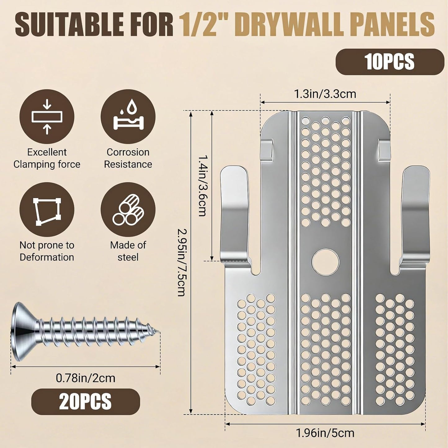 10 Pack Drywall Repair Clips, 1/2 inch and 5/8 inch Drywall Fastener Clip with 20 Screws, Wall Patch Repair Kit, Stainless Steel Drywall Fastener Repair Clips Kit for Home Improvement