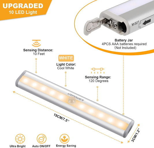 URPOWER Motion Sensor Light Indoor, 10 LED Motion Sensor Closet Lights Battery Operated Magnetic Under Cabinet Lights Strip Wireless Stick Up Night Lights Bar for Hallway Stair (1 Pack, Warm White)