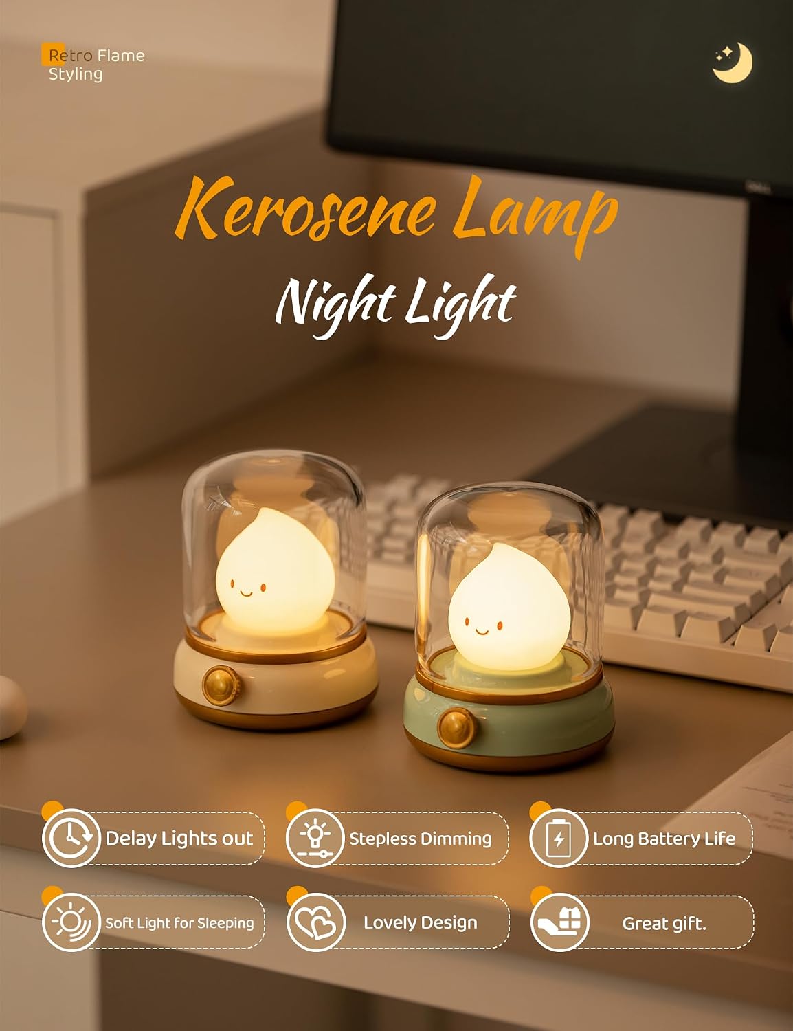 WANIDEA Night Light for Kids, Rechargeable Night Light for Bedroom | Stepless Dimming, Retro Flame, Room Decor, Warm Candlelight, Gifts for Kids, Bedside Lamp With USB-C Charging Cable