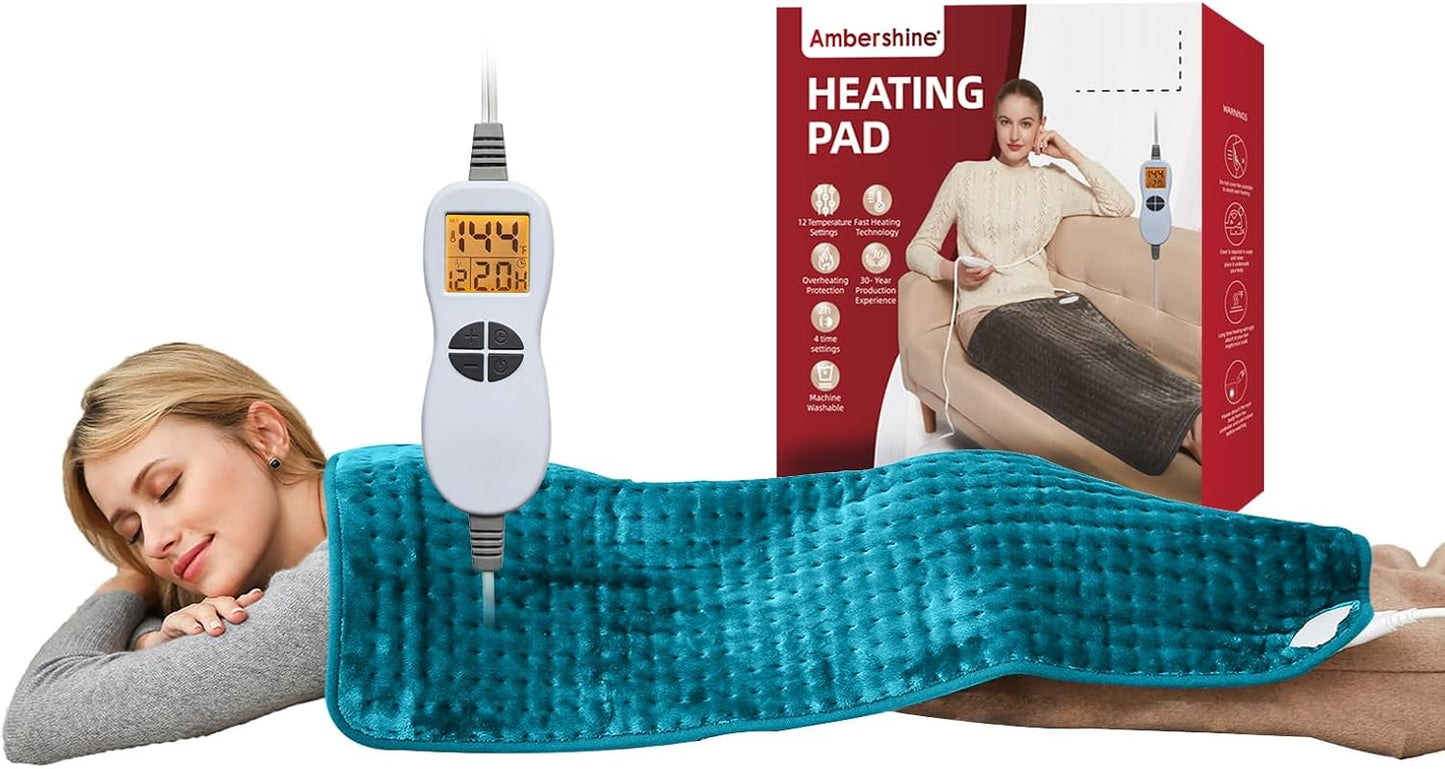 Ambershine 19''x24'' Weighted Neck & Shoulder Heating Pad, 2.5lbs with 12 Temperature Settings& 4 Auto-Off Timers, Pain Relief for Neck/Shoulder/Back(Gray&Blue)