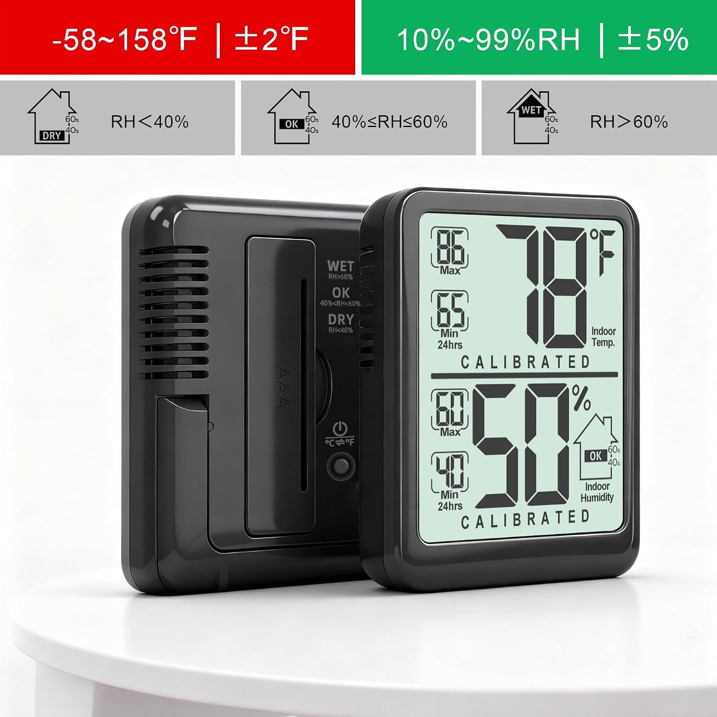 2 Pack Room Thermometer Indoor Hygrometer with Max/Min Record | W/ Battery, 24h Max/Min Record, Accurate Sensor, Fast Refresh, Easy to View, ℉/℃, Durable Kickstand, Compact, for Home Office