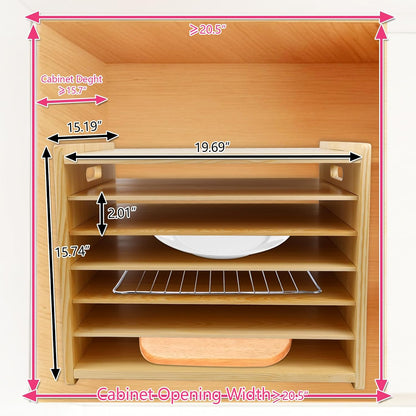 6 Tier Wood Cabinet Vertical Tray Dividers, 16.73in x14.13in x12.4in | Wooden Organizer For Sheets, for Cookie Sheet, Baking Trays, Cutting Board, Pans, for Organizing Cabinets, 5Y Warranty