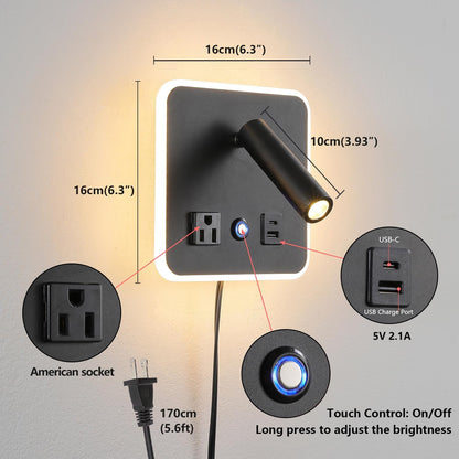 LED Headboard Reading Lamp, Dimmable Wall Sconce with USB-A/USB-C, White