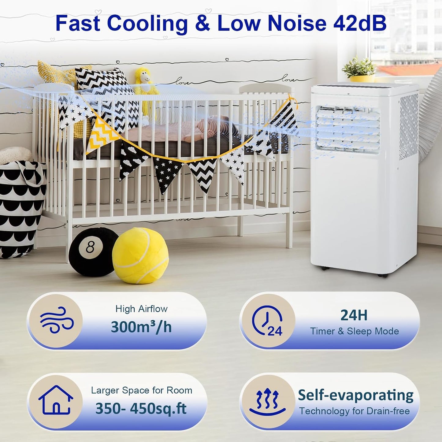 10000 BTU Portable Air Conditioner, 3 In1 Cooling Dehumidifier Fan, Quiet Fast Cooling, 4 Way Swing, LED Display, Remote, 24H Timer, 360° Wheels, Window Kit, Cools Rooms Up to 450 Sq.ft