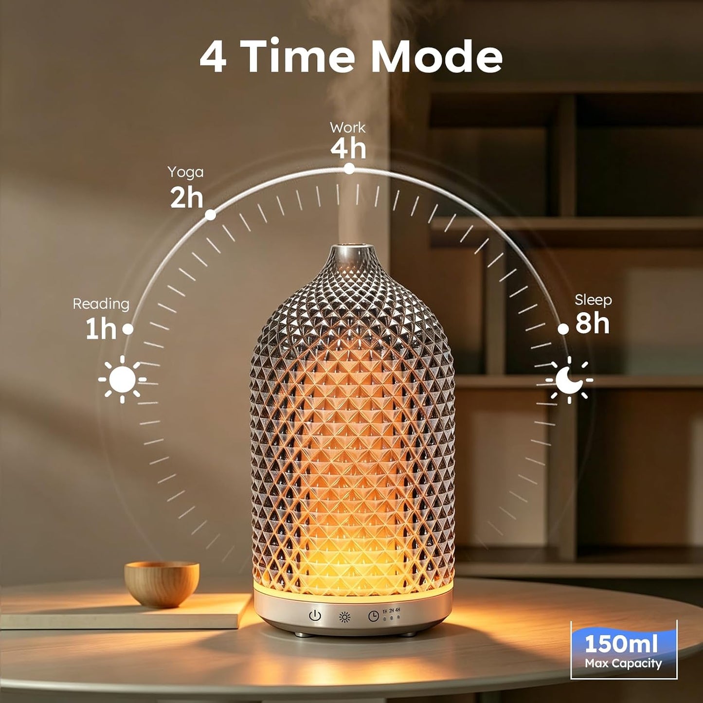 Essential Oil Diffuser 150ml, Glass Diffuser with Ultrasonic Small Humidifier, 7 Color Lights, 1/2/4H Timer, Quiet Auto Shut-Off Oil Diffuser for Bedroom, Home, Office (Silvery)
