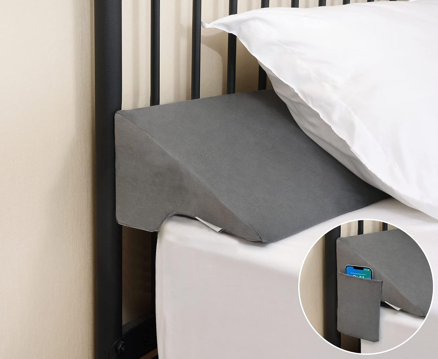 Vekkia King Bed Wedge Pillow for Headboard Gap Filler (0–5.5") | Prevents Pillows & Items from Falling, High-Density Foam Mattress Gap Filler with Pockets, Removable Cover, Gray, 60"x10"x6"