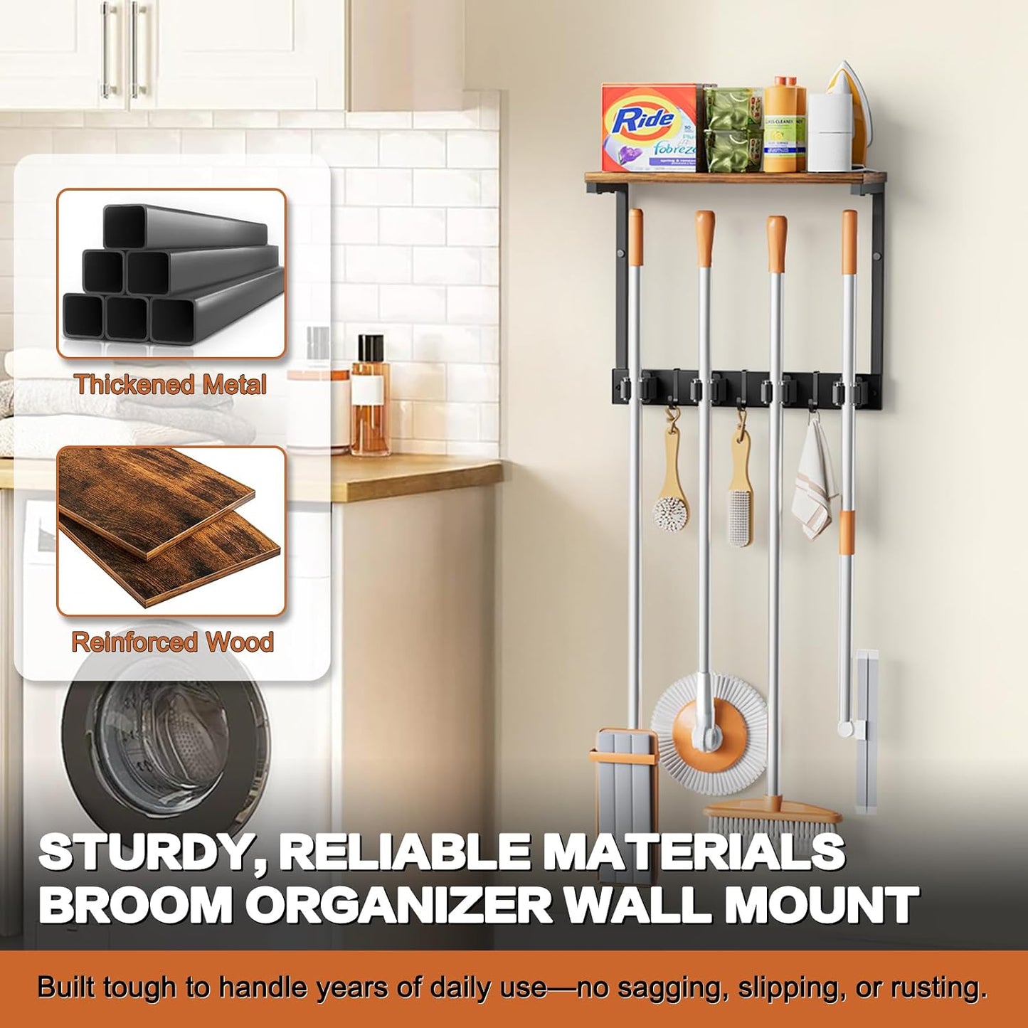 Broom Holder Wall Mount with Cleaning Supplies Organizer, Laundry Room Organization and Storage Shelves with Mop Hanger Rack Gripper Hooks, Utility Shelf Closet Organizer for Home Garage Kitchen
