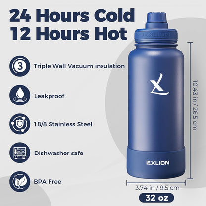 Lexlion Tea Infuser Water Bottle 22 Oz – Triple Wall Insulated Stainless Steel, Loose Leaf & Fruit Strainer, 3 Leakproof Lids, BPA-Free Silicone Sleeve, Reusable Thermal Mug