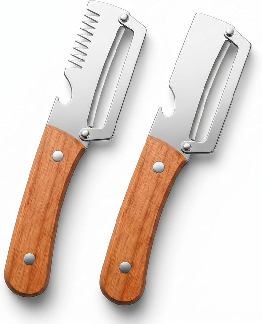 2Pcs Vegetable Peeler with Wooden Handle, Odor-Free Stainless Steel Multi Functional Vegetable Cutter, 2-in-1 and 3-in-1 Kitchen Tool with Scallion Shredder and Bottle Opener for Cooking and Camping