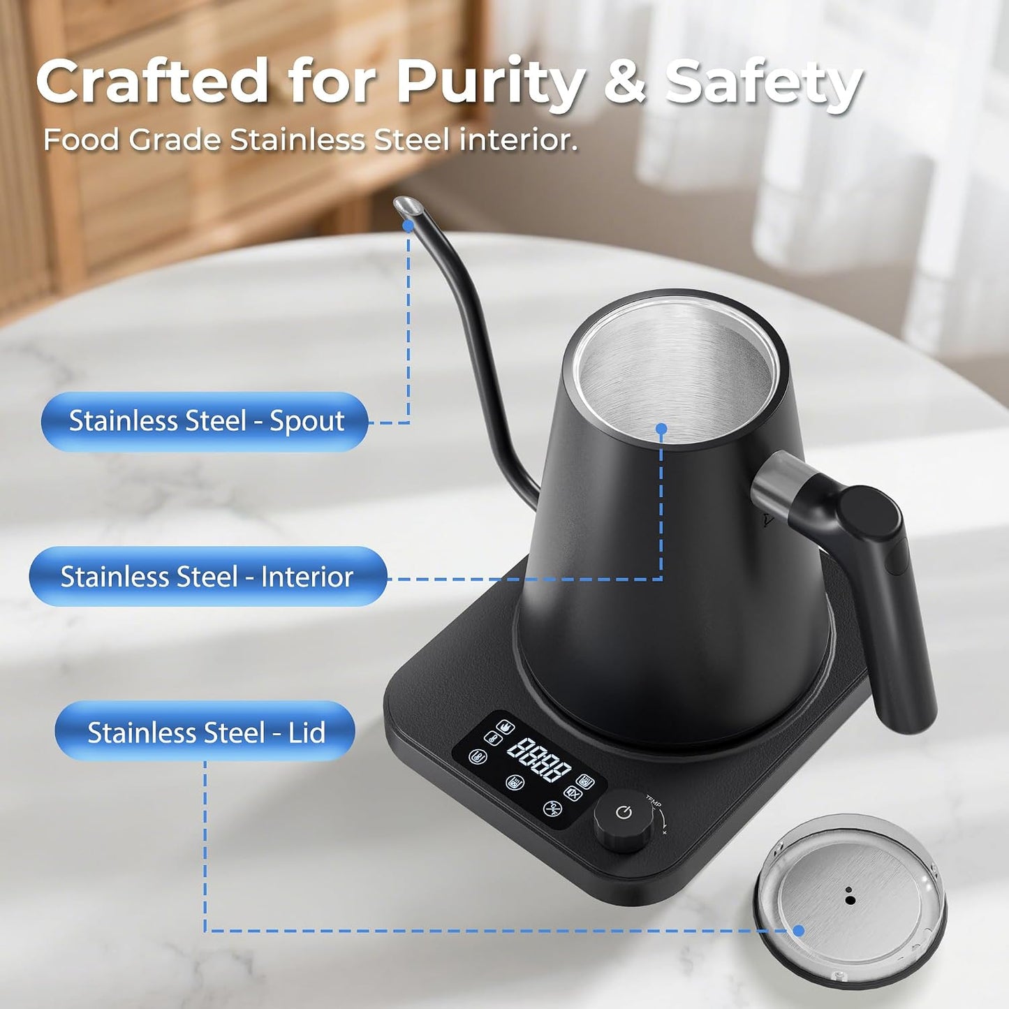 Gooseneck Electric Kettle, ±1°F Temperature Control Electric Kettle, 1.0L 1200W Fast Heating, 24H Keep Warm, 30Min Auto Memory, Food Grade Stainless Steel, Pour Over Kettle for Coffee and Tea