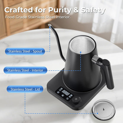 Gooseneck Electric Kettle, ±1°F Temperature Control Electric Kettle, 1.0L 1200W Fast Heating, 24H Keep Warm, 30Min Auto Memory, Food Grade Stainless Steel, Pour Over Kettle for Coffee and Tea