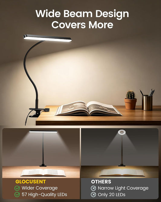 Glocusent 11.3"Wide Coverage Desk Lamp with Clamp,57 LED Clip on Desk Light