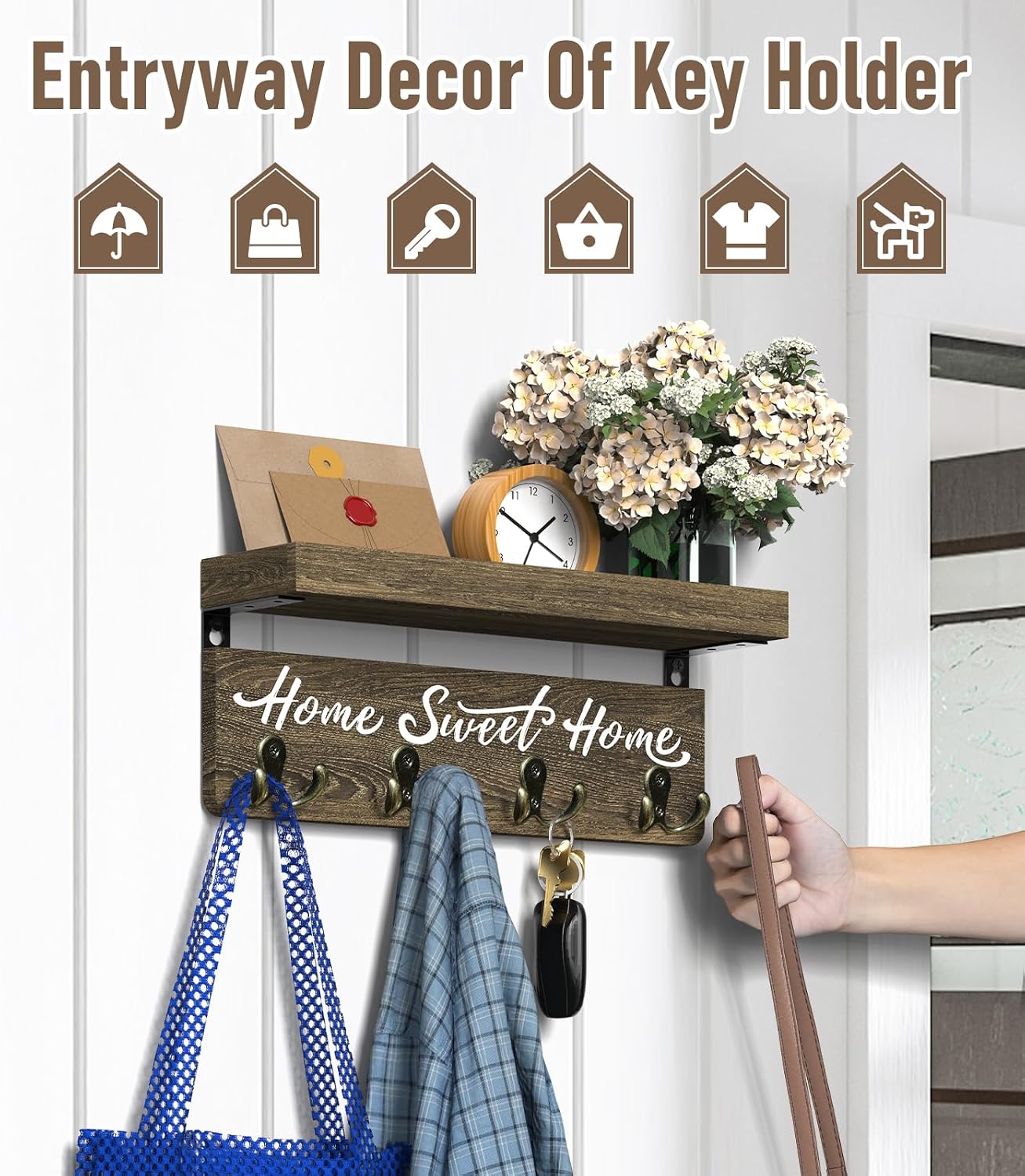 buways Key Holder Wall Mount with 8 Hooks and Cozy Home Sign (Gray) | Solid Wood, Floating Shelf for Keys, Mail, and Daily Essentials in Entryways, Hallways or Home Decor