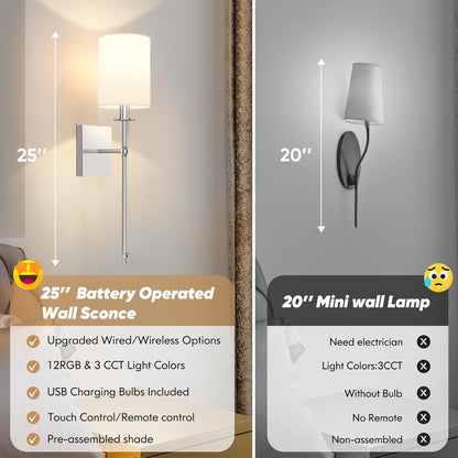 Battery Operated Wall Sconces Set of 2, Rechargeable Sconces with Remote