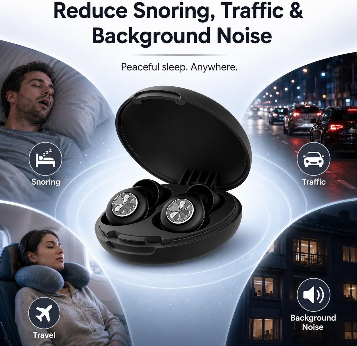 HEKKE 45dB Ear Plugs for Sleeping, Soft Silicone for Side Sleepers, 4 Sizes | Reusable soft silicone with XS/S/M/L sizes for side sleepers, concerts, flights and hotels; carrying case included.