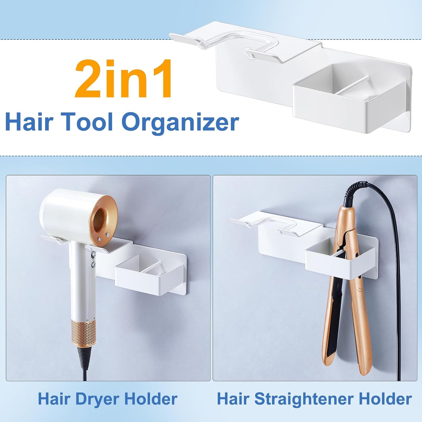 Hair Dryer Holder Wall Mounted, Hair Straightener Holder Metal, Adhesive Blow Dryer and Hair Straightener Holder, Bathroom Bedroom Hair Tool Organizer for Flat Iron,Curling Iron,Hairdryer (White)