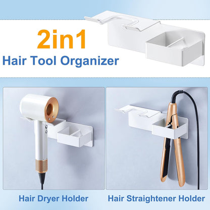 Hair Dryer Holder Wall Mounted, Hair Straightener Holder Metal, Adhesive Blow Dryer and Hair Straightener Holder, Bathroom Bedroom Hair Tool Organizer for Flat Iron,Curling Iron,Hairdryer (White)