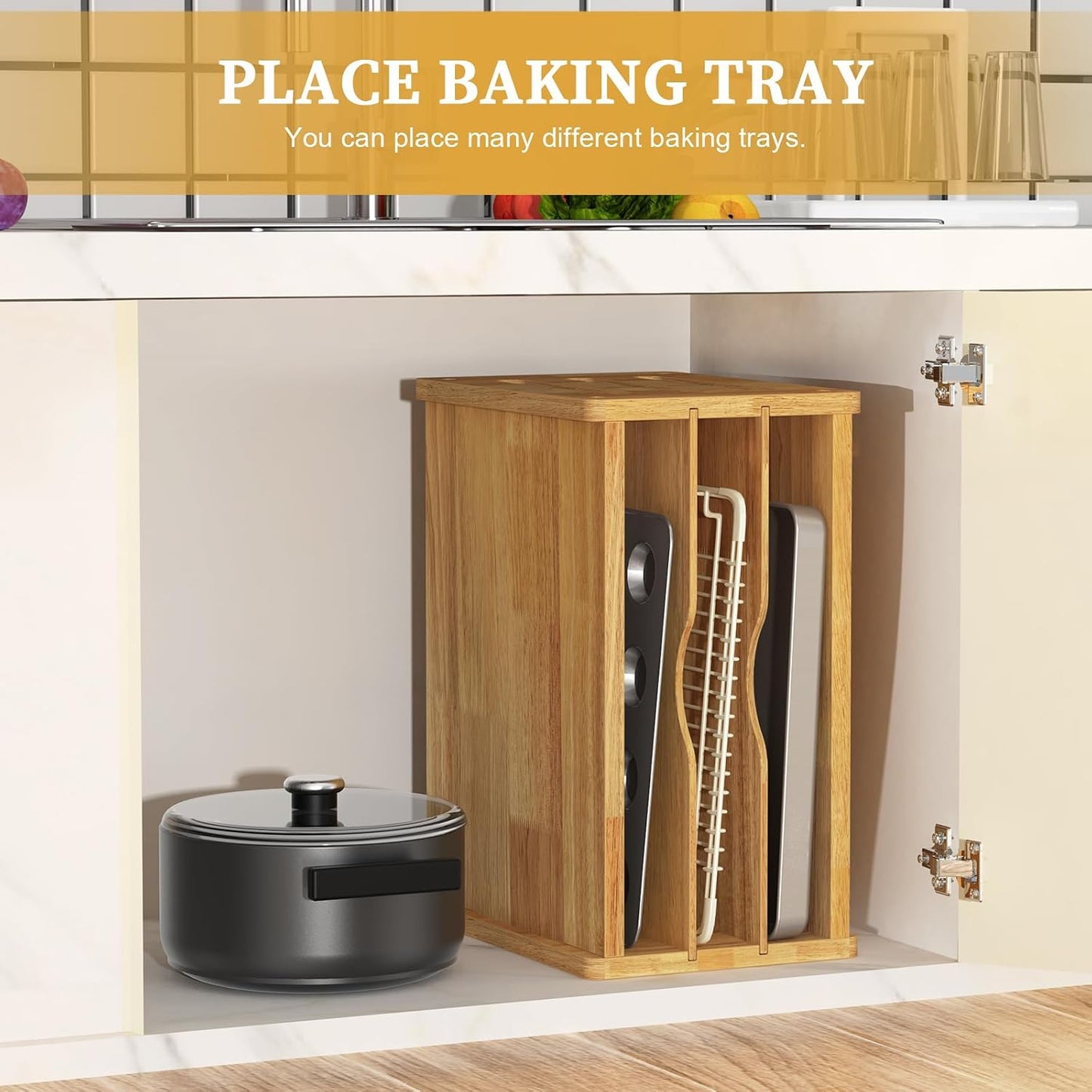 4 Tier Rubber Wooden Tray Dividers for Cabinets, Cookie Sheet Organizer | Heavy Weight, Premium Wood, Multiple Sizes, Saving Space, Vertical Tray Dividers for Storing pans, Baking tray, Cutting Board