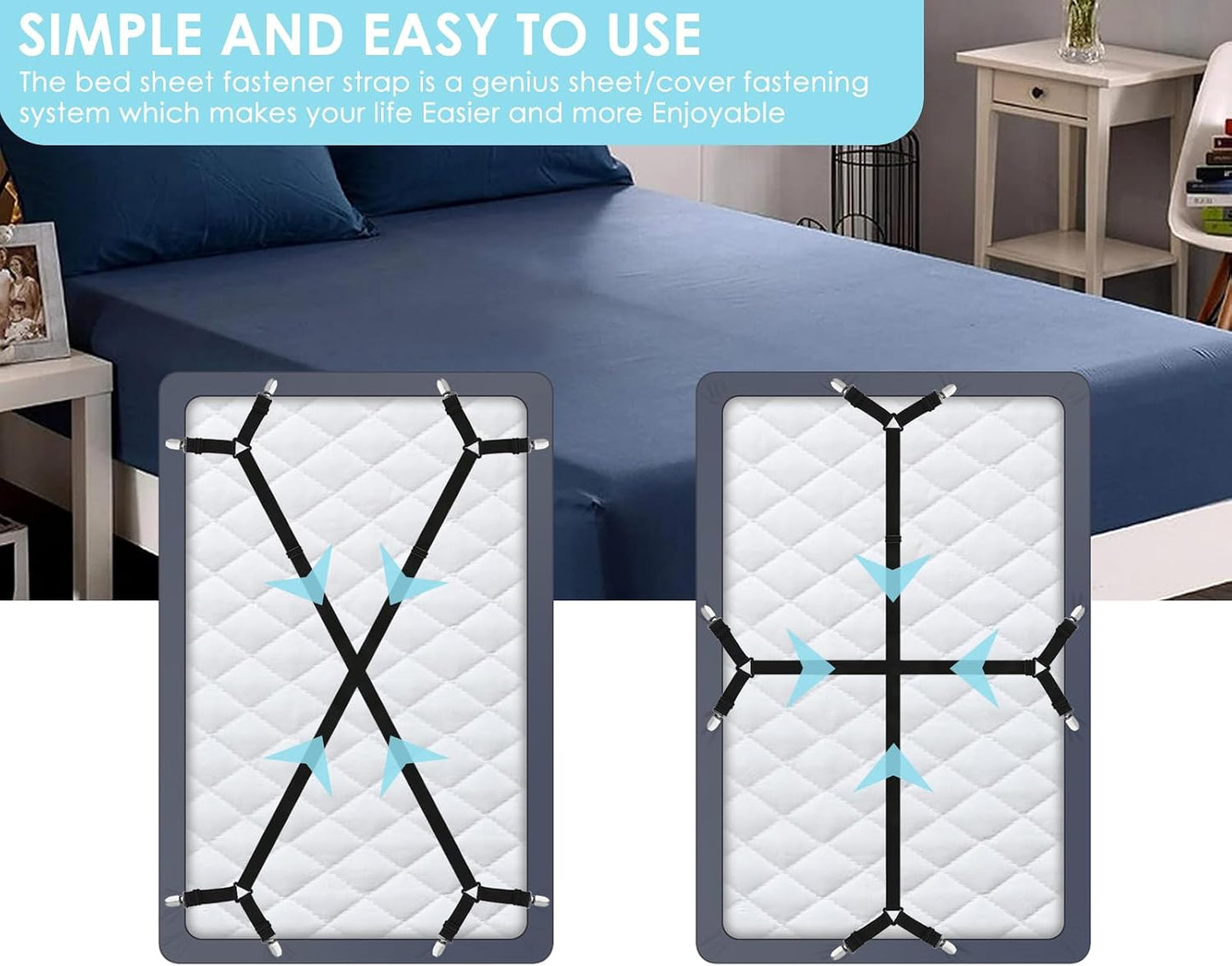 DS. DISTINCTIVE STYLE Sheet Straps 2 Pieces Mattress Sheet Holder Straps for Queen/King Size Bed Suspenders Twin XL Adjustable Elastic Bands and Corner Clips